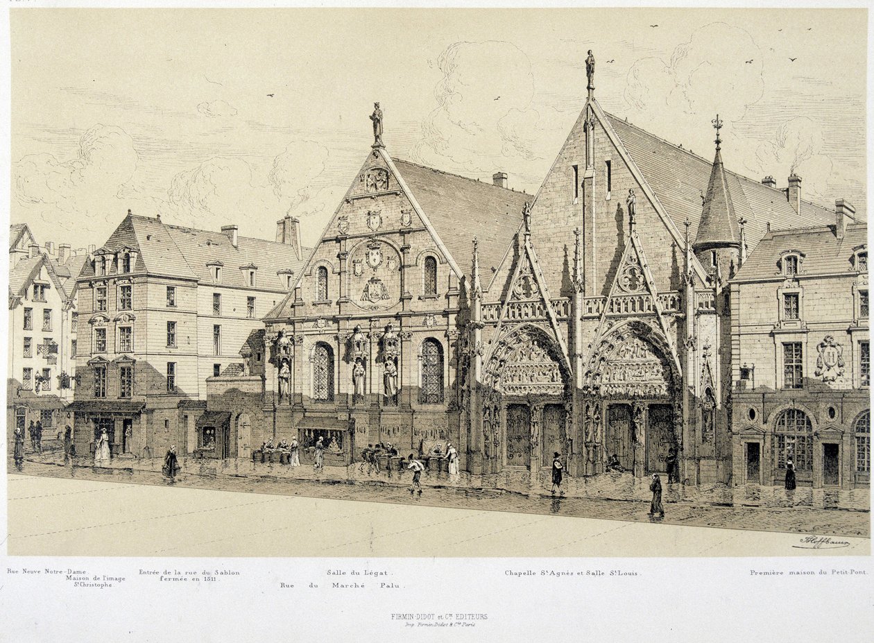 Entrada del Hotel-Dieu (Hotel Dieu), rue du Marche Palu, en 1590 - en “París a través de los siglos” de French School