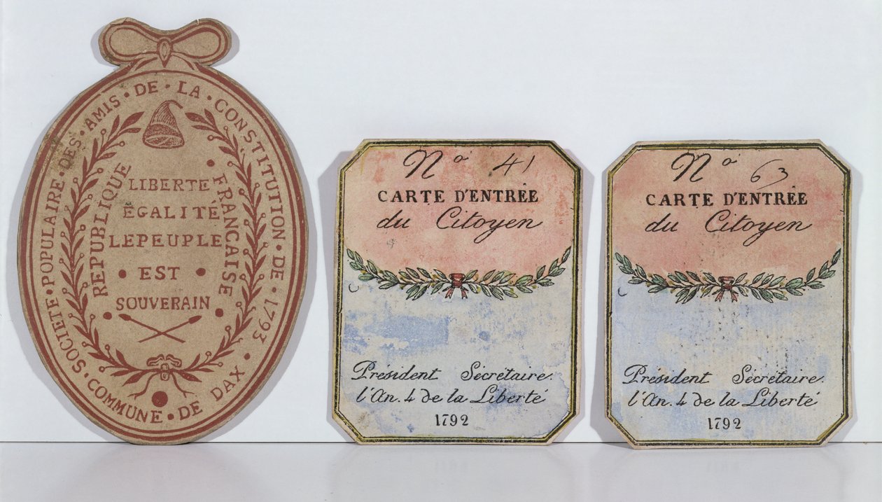 Tarjetas de entrada para la Sociedad de los Amigos de la Constitución en Dax, 1792 y 1793 (papel impreso) de French School