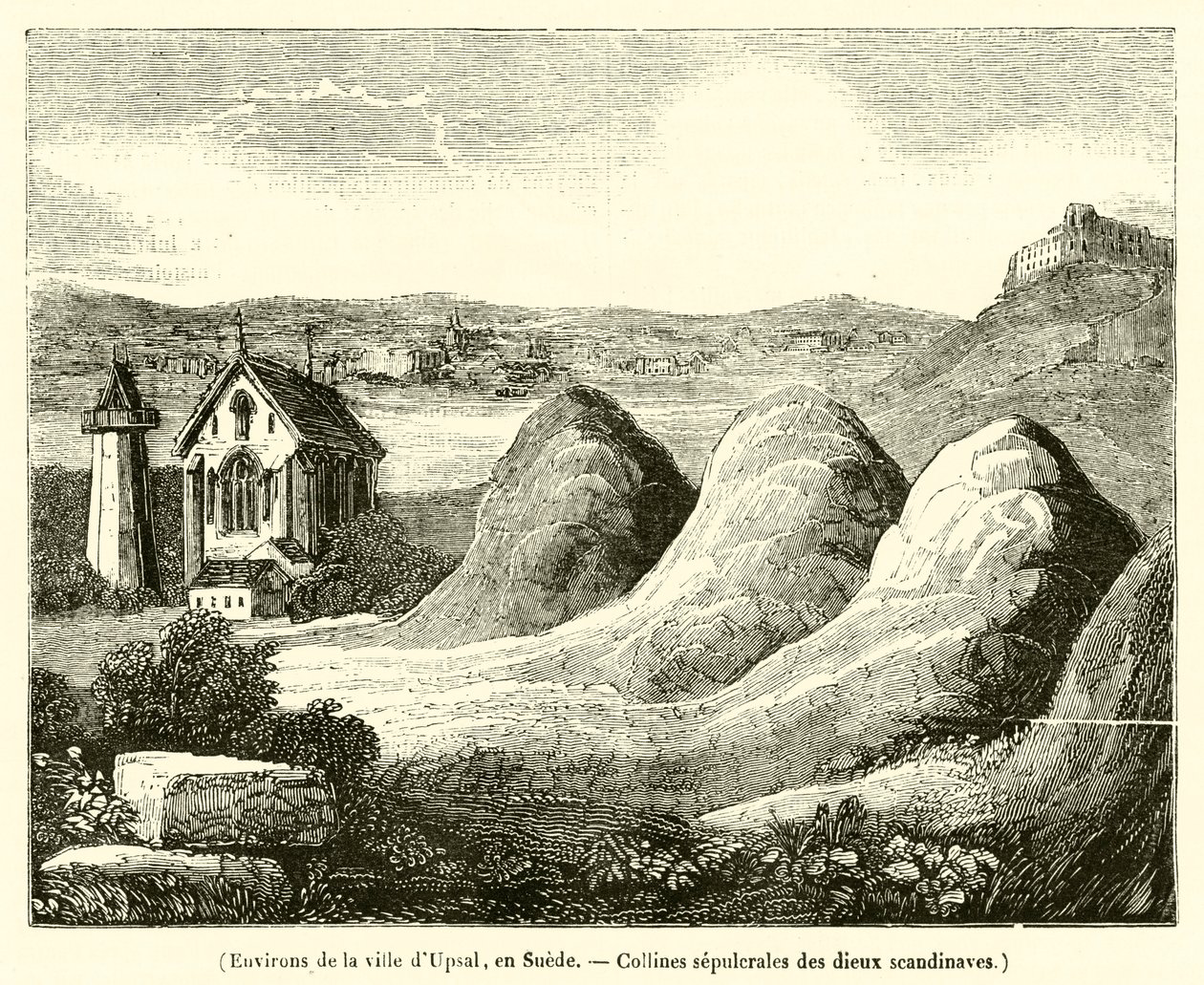 Alrededores de la ciudad de Upsal, Suecia, Colinas sepulcrales de los dioses escandinavos (grabado) de French School