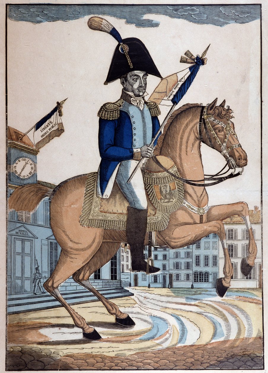Retrato ecuestre del General Marie Joseph Gilbert Motie Motier, Marqués de Lafayette (1757-1834) (La Fayette), Comandante en Jefe de la Guardia Nacional de Francia de French School