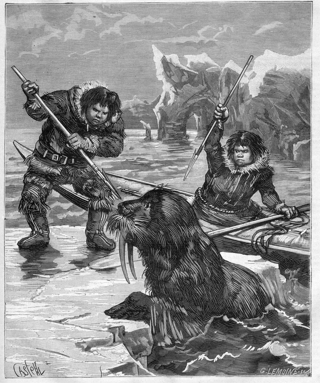 Esquimales - pesca de morsas - Esquimales - pesca de morsas en 1888 - Grabado en 