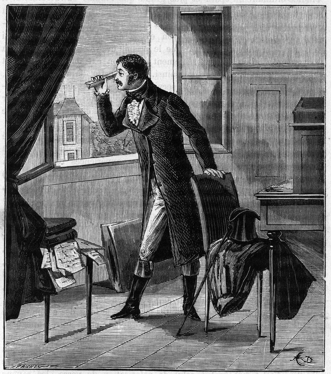 Etienne Louis Malus (1775-1812) observa a través de un espato la luz del atardecer reflejada por las ventanas de vidrio de Luxemburgo en 1808 - Etienne-Louis Malus (1775-1812) oficial, ingeniero, físico y matemático francés - Grabado en “Ciencias al alcanc de French School