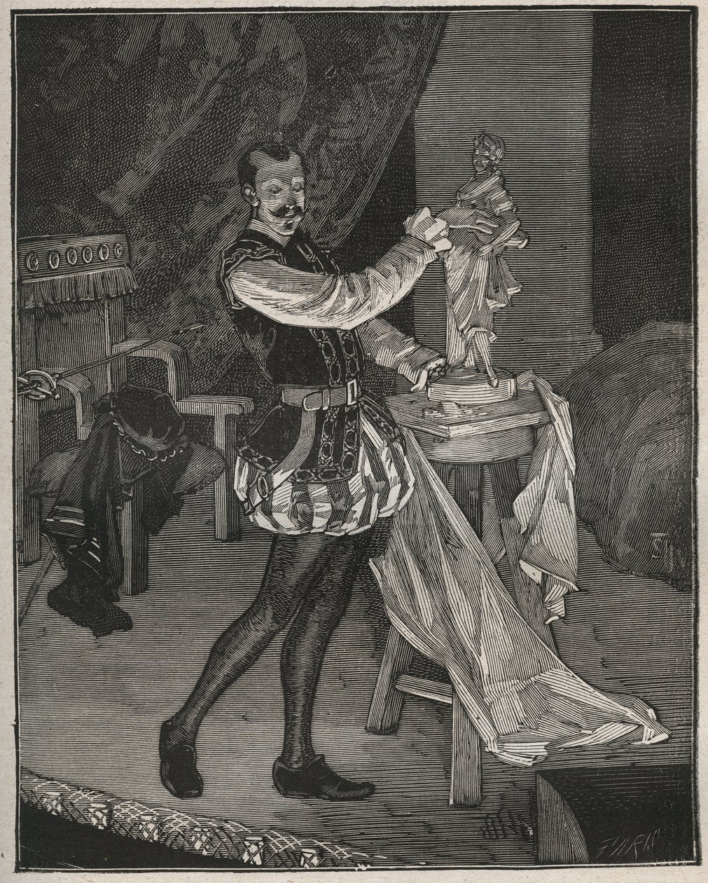 Etienne Marin Melingue (1808-1875), actor francés interpretando al escultor Benvenuto Cellini en “Ascanio” de Alexandre Dumas padre, adaptada al escenario por Paul Meurice. Grabado de 1880 en “Les arts et métiers illustrés” de Adolphe Bitard. de French School