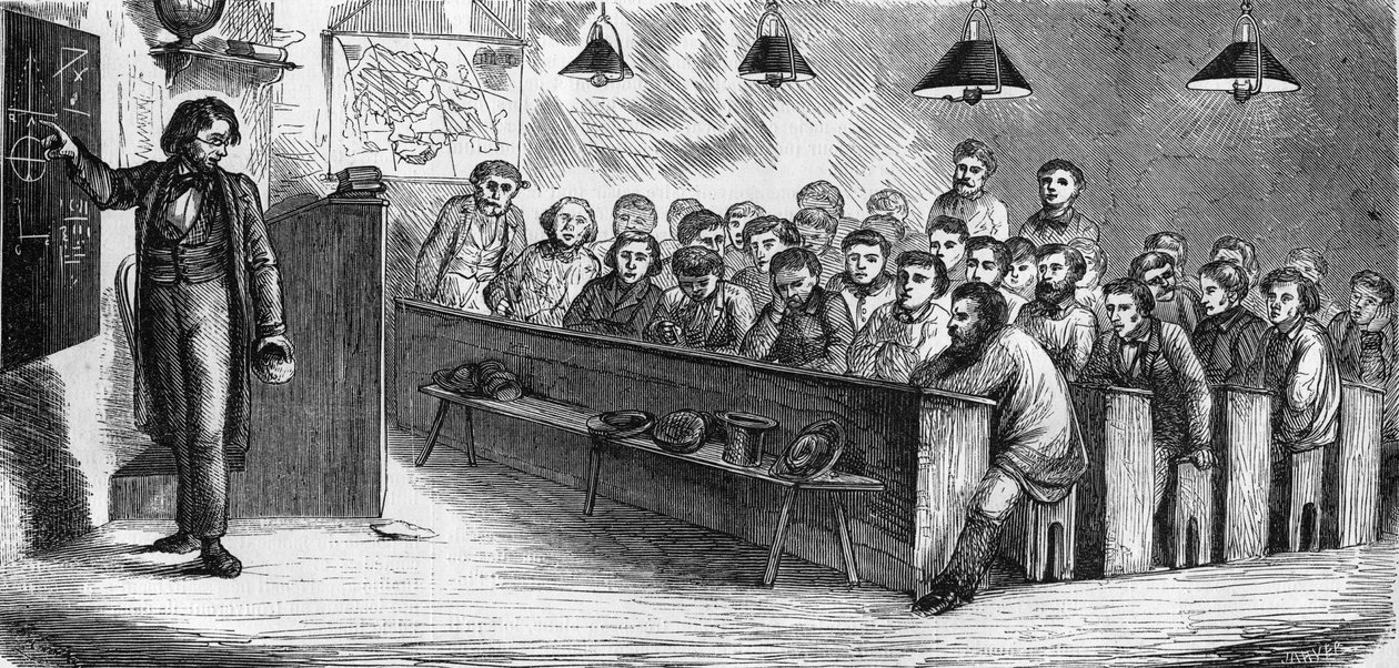 Clase nocturna en una escuela pública para adultos en París en 1858 de French School