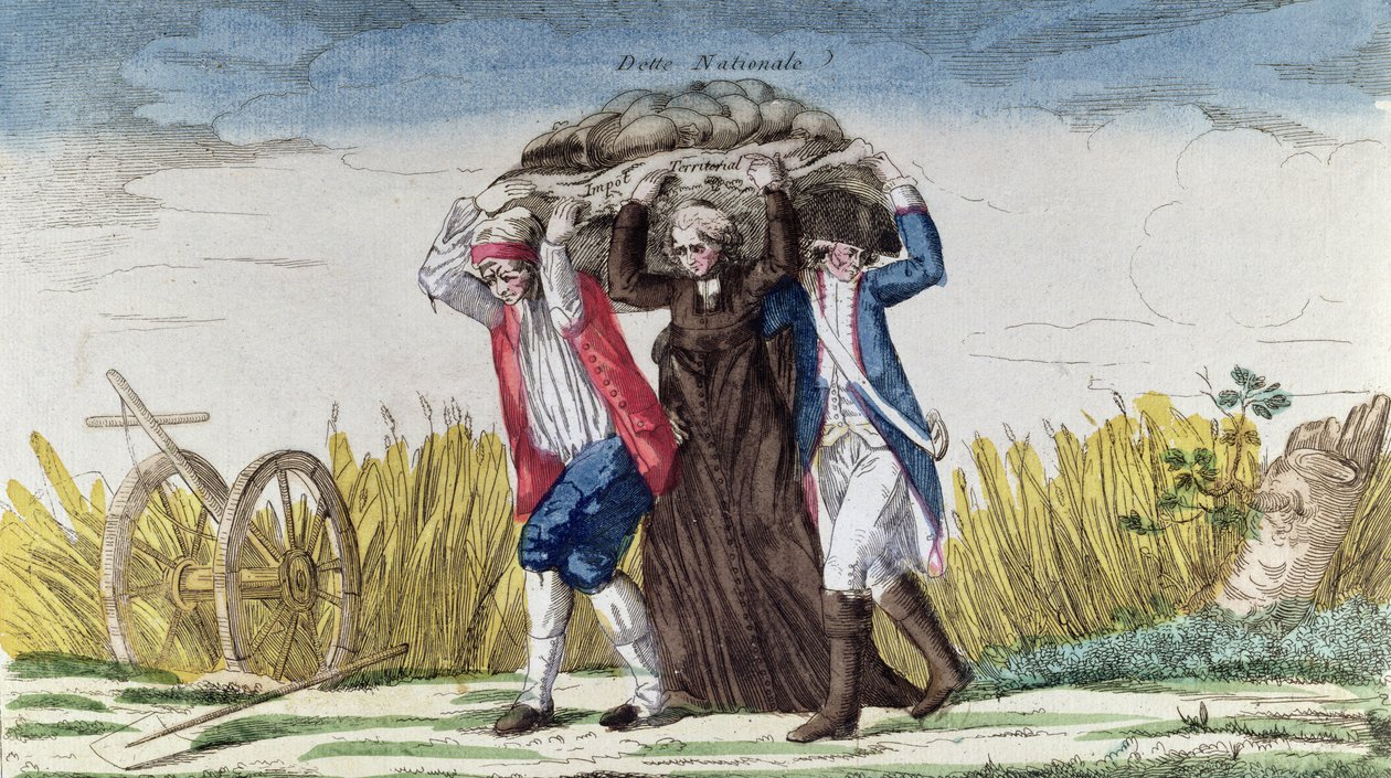 Todos llevan la carga de los Impuestos y la Deuda Nacional, c.1789 (grabado en color) de French School