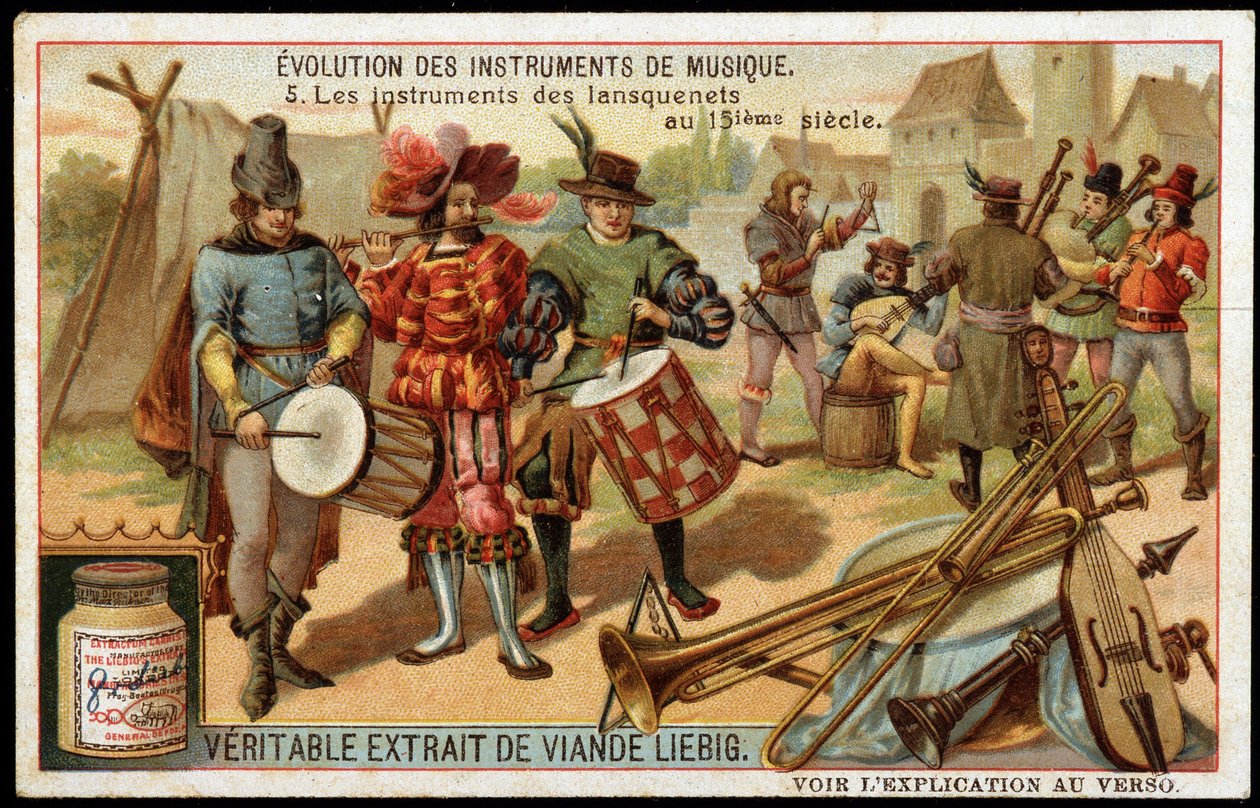 Evolución de los instrumentos musicales: Los instrumentos de los lansquenetes en el siglo XV. Tambor militar, flauta, triángulo, trompeta, una especie de gaita y otros instrumentos de cuerda. Cromolitografía liebig de finales del siglo XIX. de French School