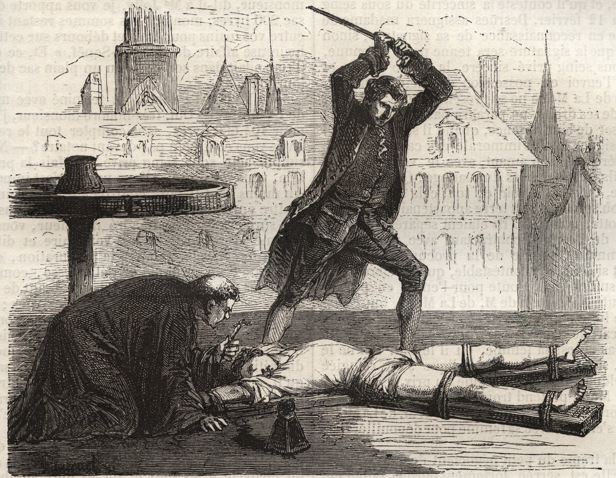 Ejecución (Le torice de la roue) del envenenador Antoine-François Desrues (1744-1777) en la Place des Grèves en París en 1777 - Castigo de Desrues, roto en la rueda en la Place de Grève en París de French School