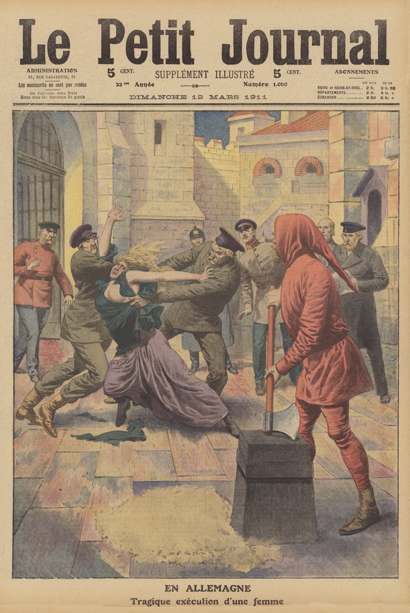 Ejecución de una mujer en la prisión de Insterburg, Alemania (litografía en color) de French School