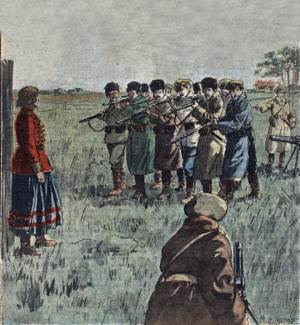 Ejecución de la anarquista ucraniana Marie Nikiforova por soldados soviéticos, ilustración de "Le Pelerin". de French School