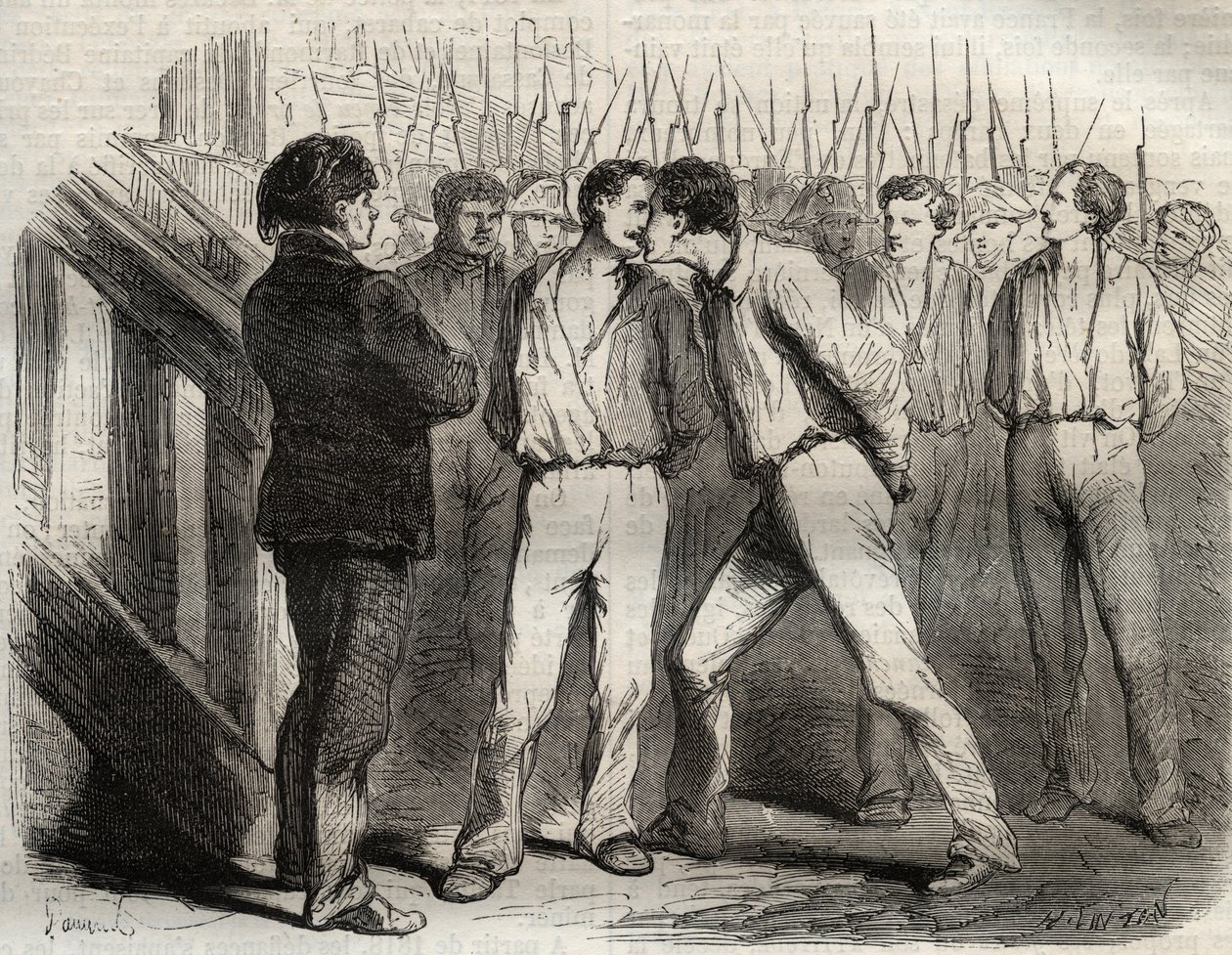Ejecución de los cuatro sargentos de La Rochelle el 21 de septiembre de 1822: Bories, Raoulx, Gaubin, Pommier - Raoulx, que debía pasar primero, pidió abrazar a sus camaradas - Grabado en “Causes celebres de tous les peuples” por Armand Fouquier (1817-18?) de French School