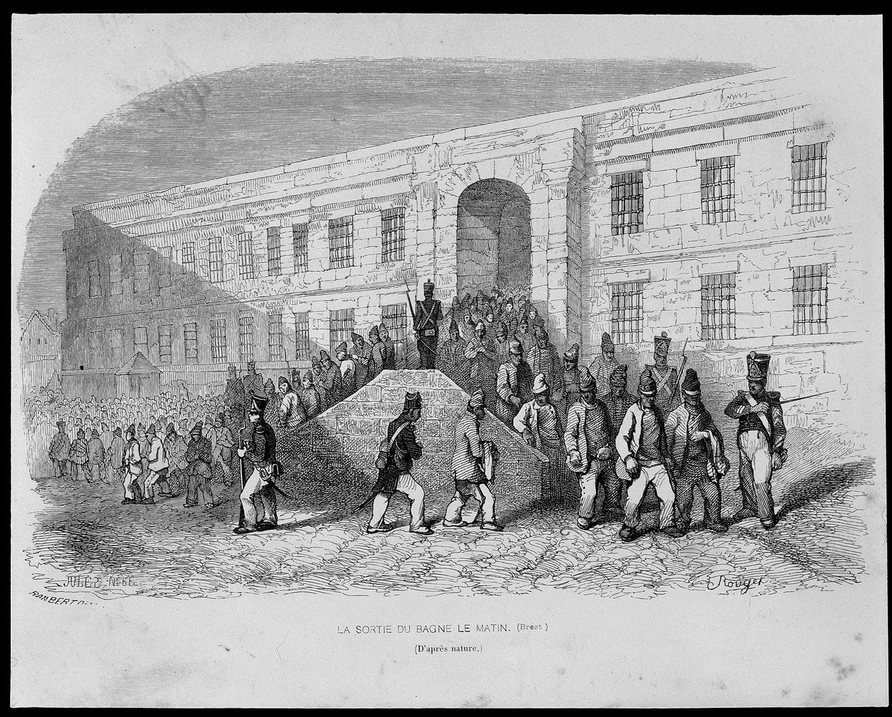Salida del presidio de Brest por la mañana - en Les Bagnes: historia, tipos, costumbres, misterio por Maurice Alhoy, ed Gustave Havard de French School