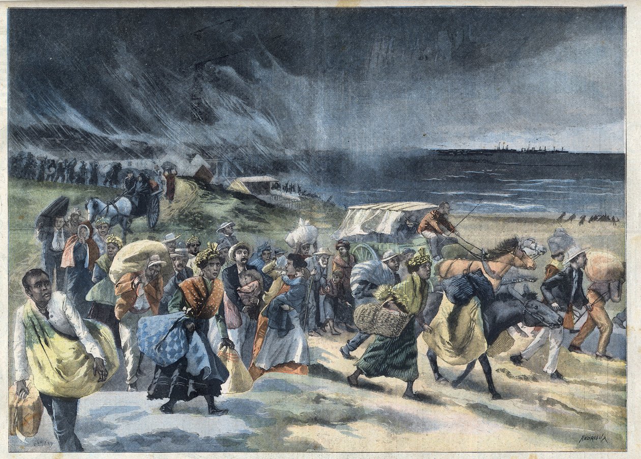 Éxodo de los habitantes de Fort-de-France después de la erupción del volcán de la Montaña Pelée en Martinica. Grabado en “Le Petit Parisien” de French School