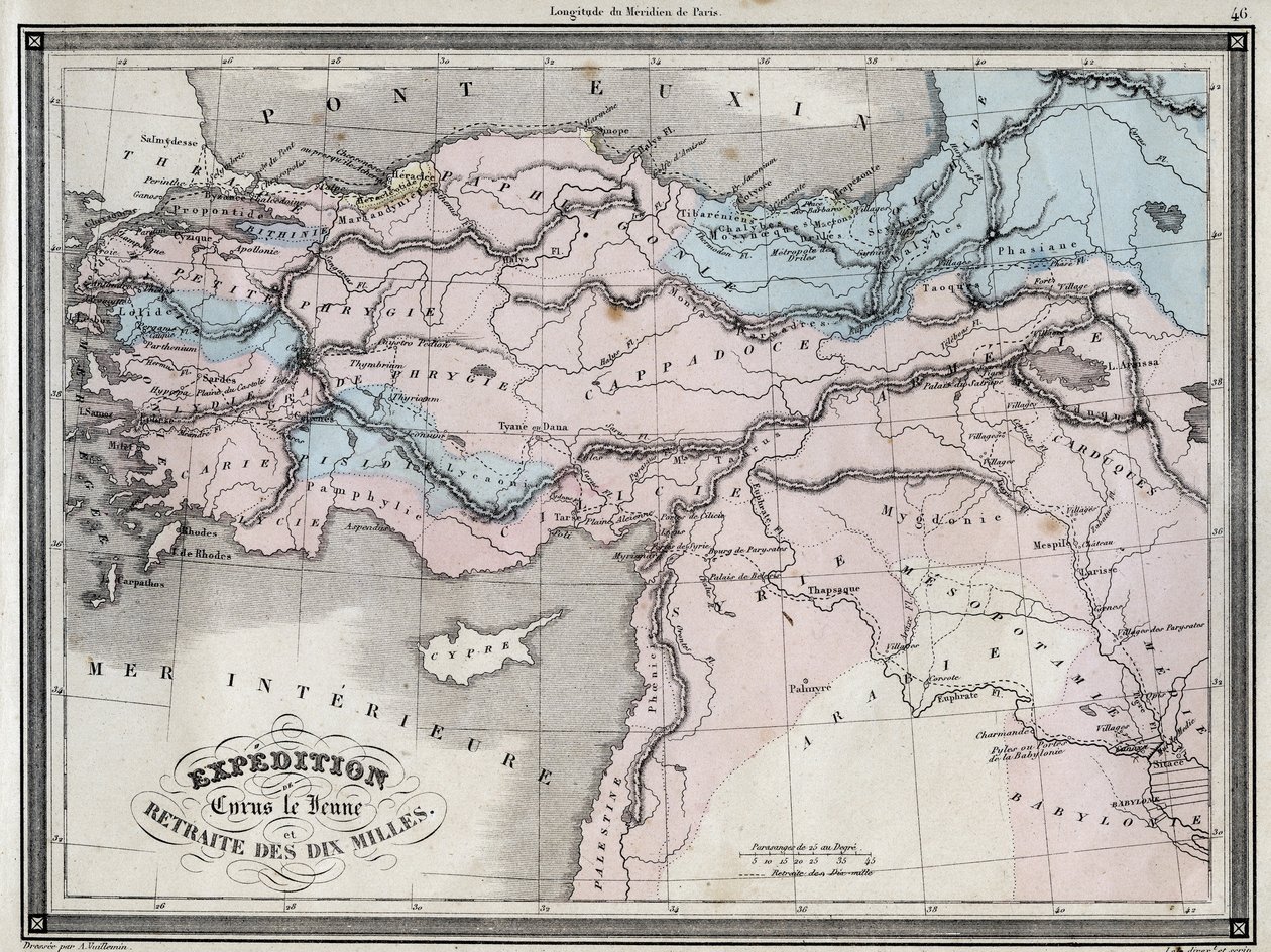 Expedición de Ciro el Joven (siglo V a.C.) y retirada de los diez mil - Placa extraída de “Atlas Universal de geografía antigua y moderna para escuelas residenciales” por Vuillemin - ca. 1845 de French School