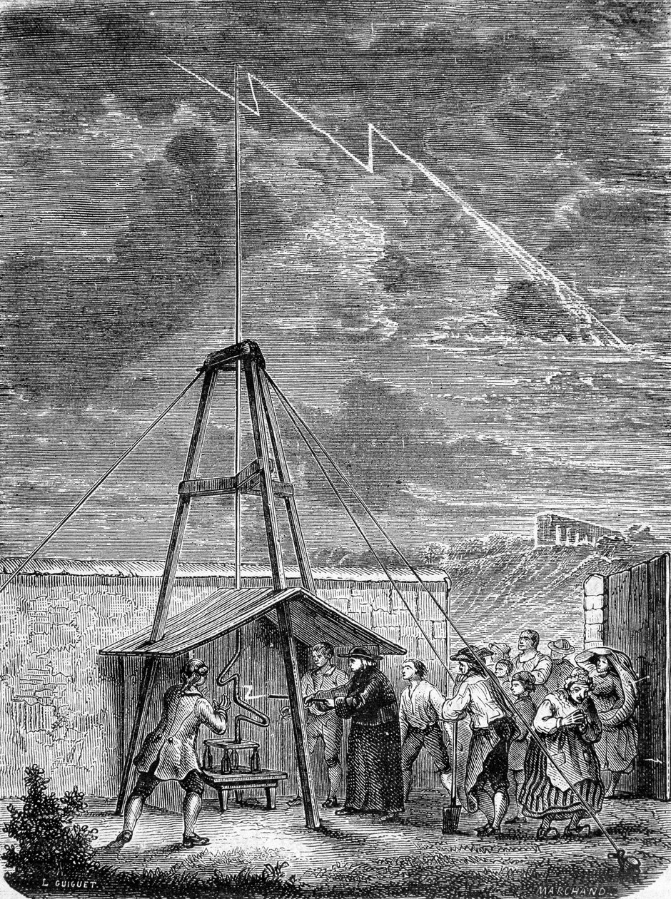 Experimento realizado el 10 de mayo de 1752, por Thomas-François Dalibard (1703-1779) en Marly, primera demostración de la presencia de electricidad en nubes tormentosas - grabado de French School