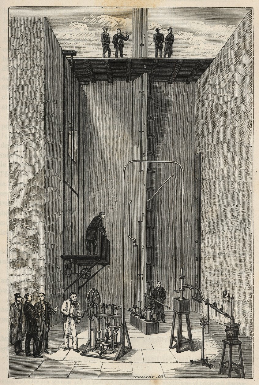 Experiencia de Henri Victor Regnault (1810 - 1878) - Henri-Victor Regnault en el Colegio de Francia - Grabado en "Ciencias puestas a disposición de todos - física y química" por Alexis Clerc. Finales del siglo XIX. Colección privada. de French School