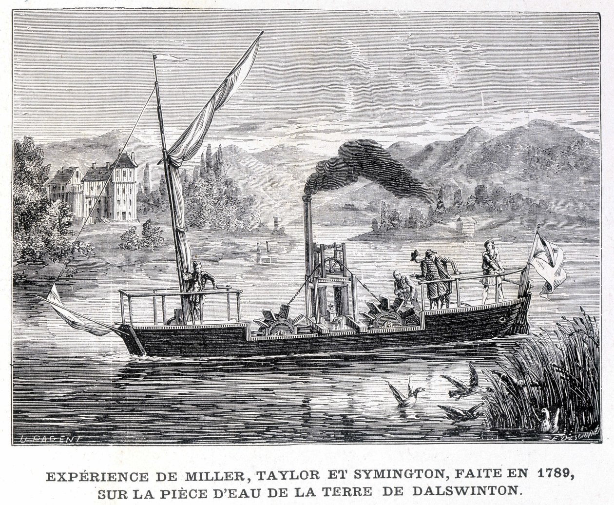 Experiencia de Miller, Taylor y Symington, realizada en 1789, en el estanque de la finca de Dalswinton - en “Álbum de la Ciencia; eruditos ilustres; Grandes descubrimientos” 1896 de French School