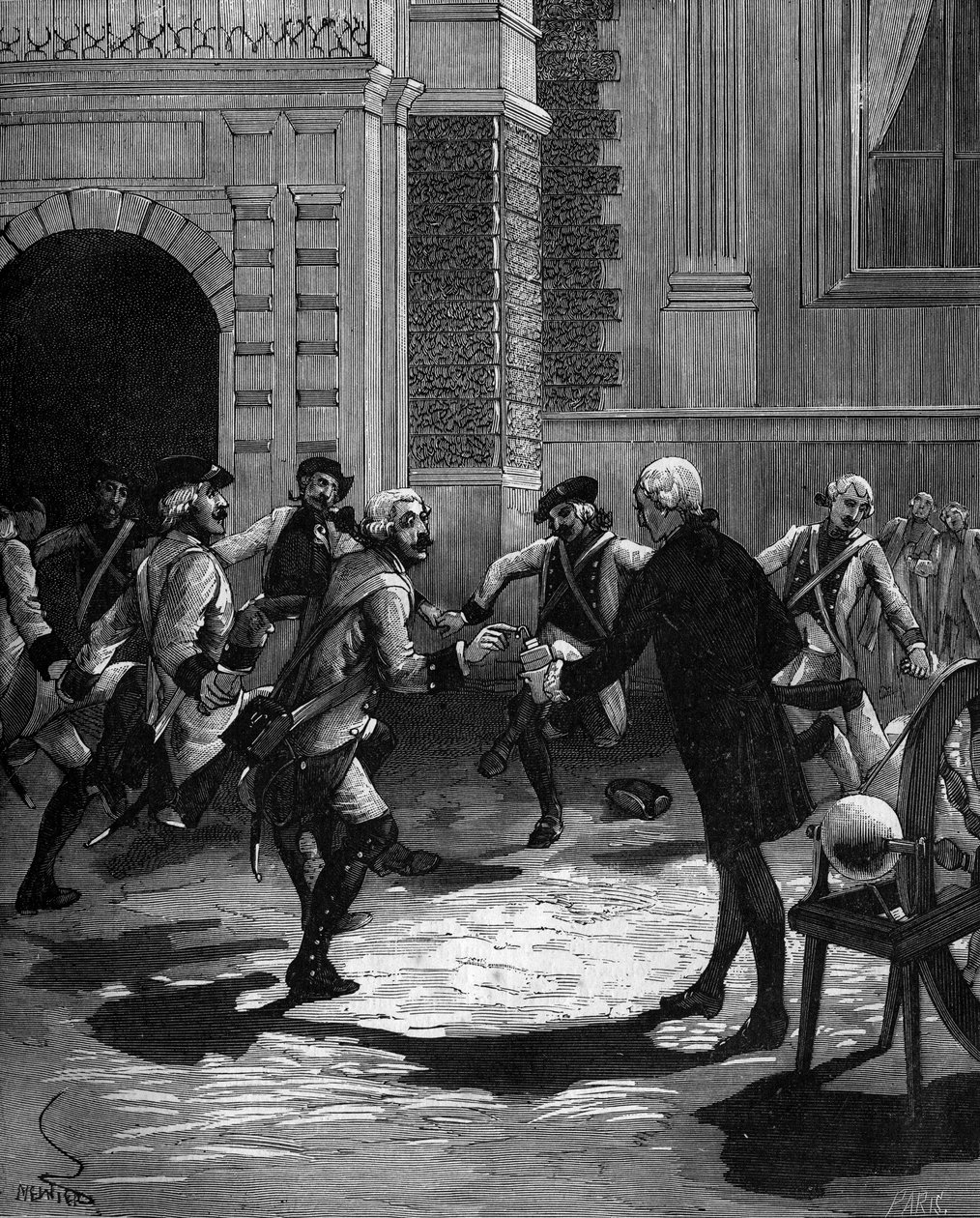 Experiencia de la botella de Leiden por el Abad Jean Antoine Nollet (Jean-Antoine) (1700-1770), físico francés en Versalles, donde 180 guardias fueron golpeados al mismo tiempo. 1746 de French School