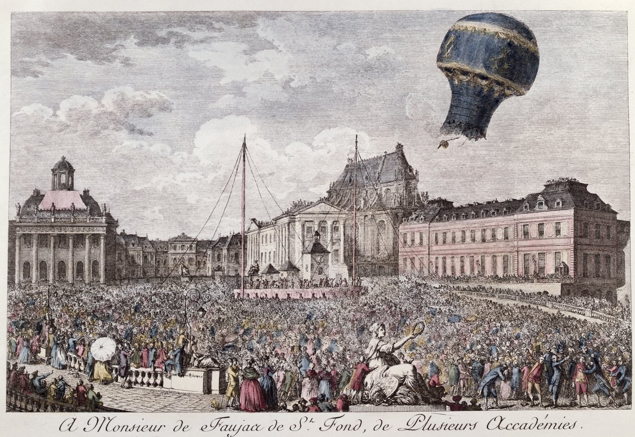 Experimento en Versalles de los hermanos Montgolfier con el vuelo en un globo aerostático Montgolfière de un gallo, un pato y una oveja el 19 de septiembre de 1783 de French School