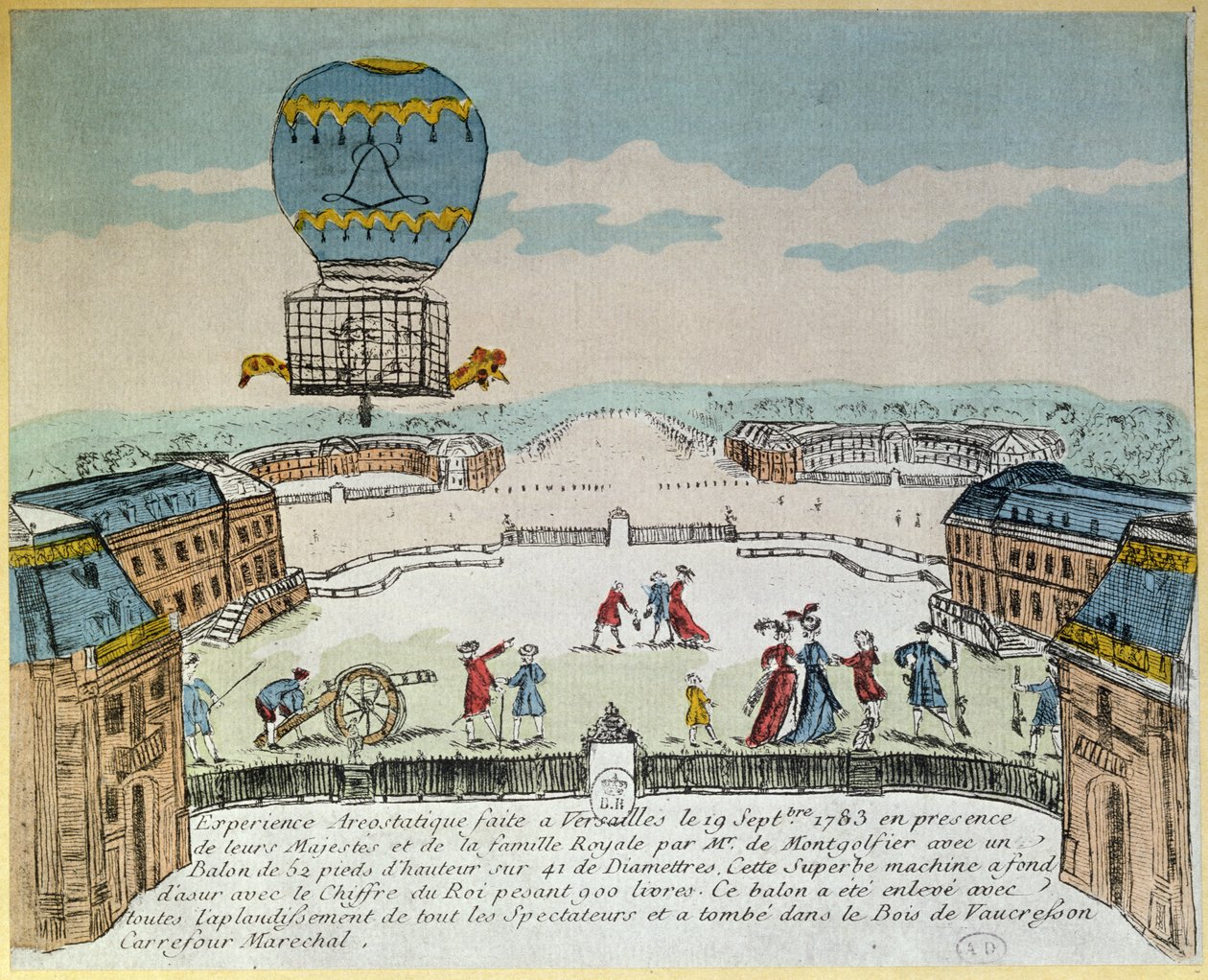 Experimento en Versalles de los hermanos Montgolfier con el vuelo en un globo aerostático Montgolfière de un gallo, un pato y una oveja el 19 de septiembre de 1783 de French School