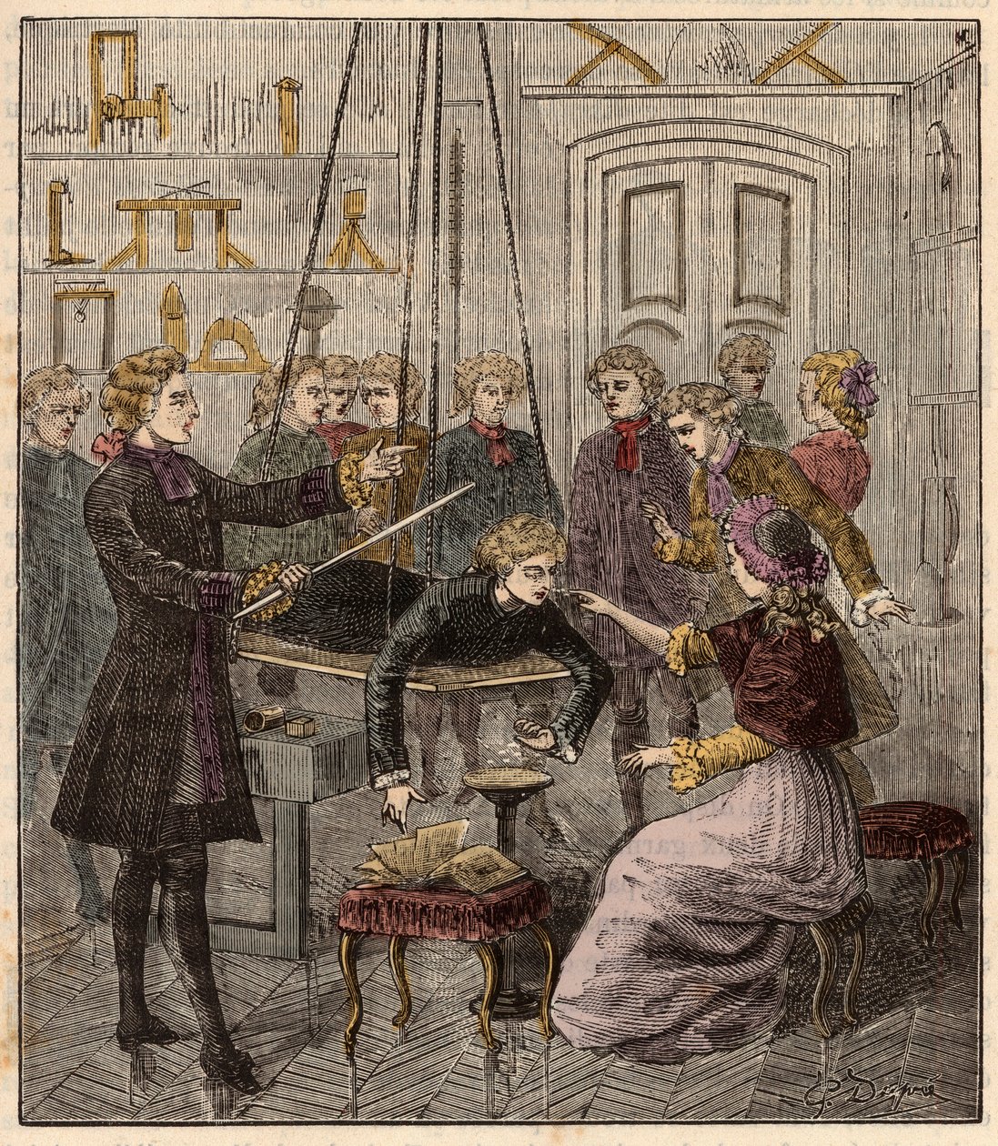 Experimento sobre la electricidad por el abate Jean Antoine (Jean-Antoine) Nollet (1700-1770) - Experimento eléctrico realizado en un hombre por el abate Jean Antoine Nollet (1700-70) en un gabinete de física - Grabado en “Sciences à la gratete de tous - p de French School