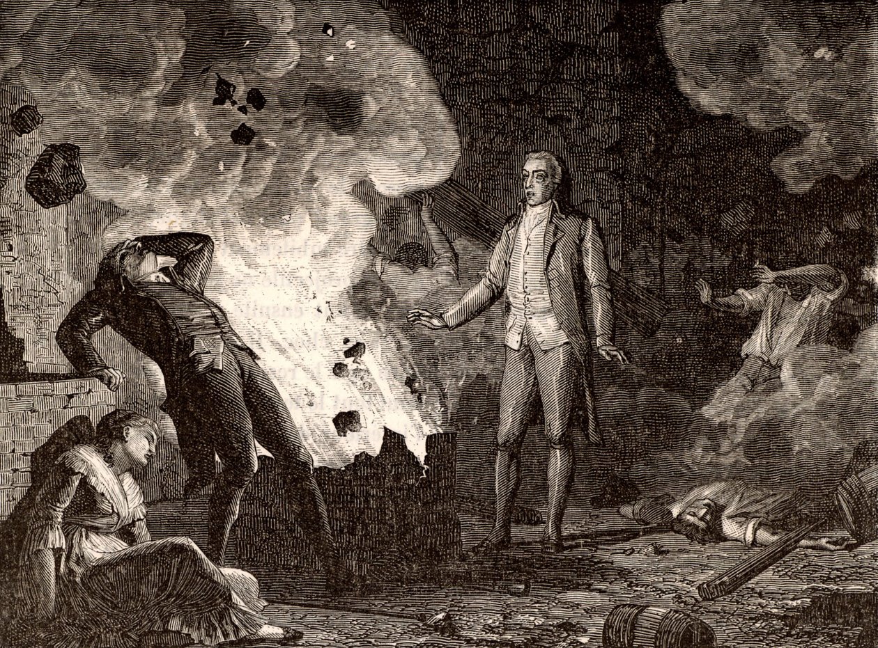 Explosión de la fábrica de explosivos de Essonne, Francia, c. 1788 (grabado) de French School