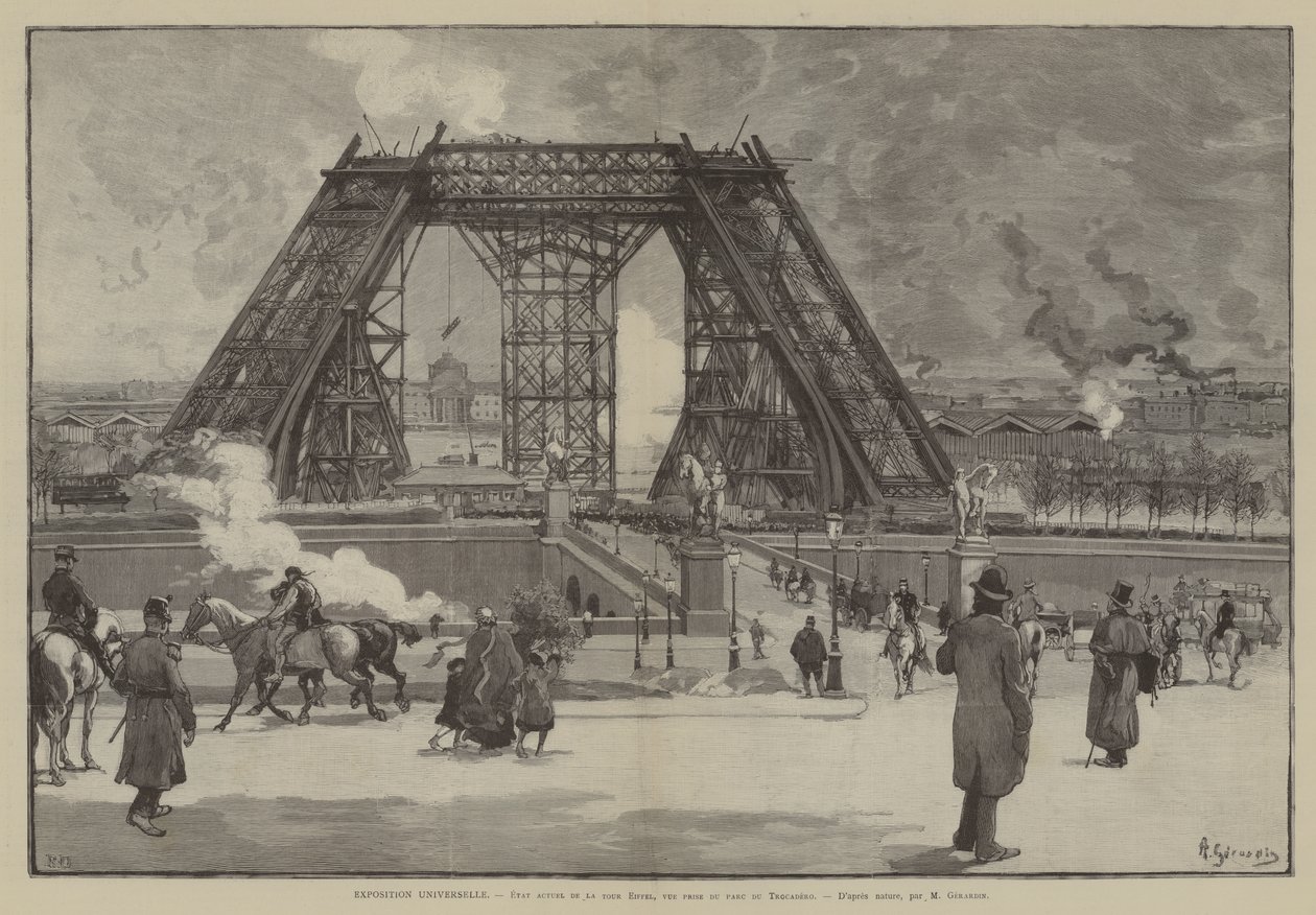 Exposición Universal, estado actual de la Torre Eiffel, vista tomada desde el parque del Trocadero (grabado) de French School