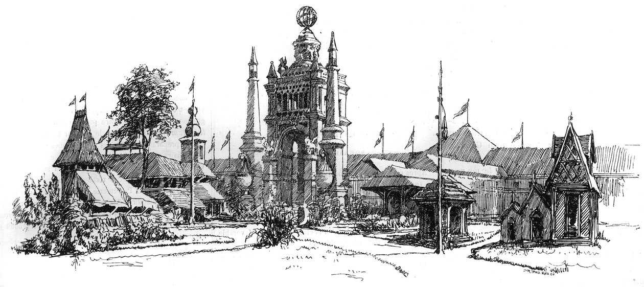 Exposición universal de Amberes (Bélgica) en 1885: vista de los edificios de la exposición. Grabado en "Le Monde Illustré", 22 de agosto de 1885 de French School