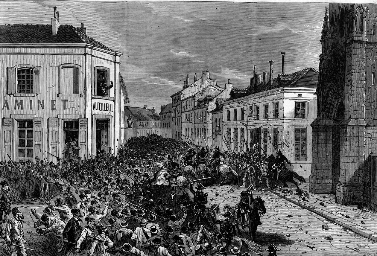 Expulsión de los maristas de Tourcoing tras los decretos de marzo de 1880 tomados por Jules Ferry y eliminando el derecho a enseñar a miembros de congregaciones religiosas no autorizadas: la policía dispersó a los jinetes, hostiles a la expulsión de los ma de French School
