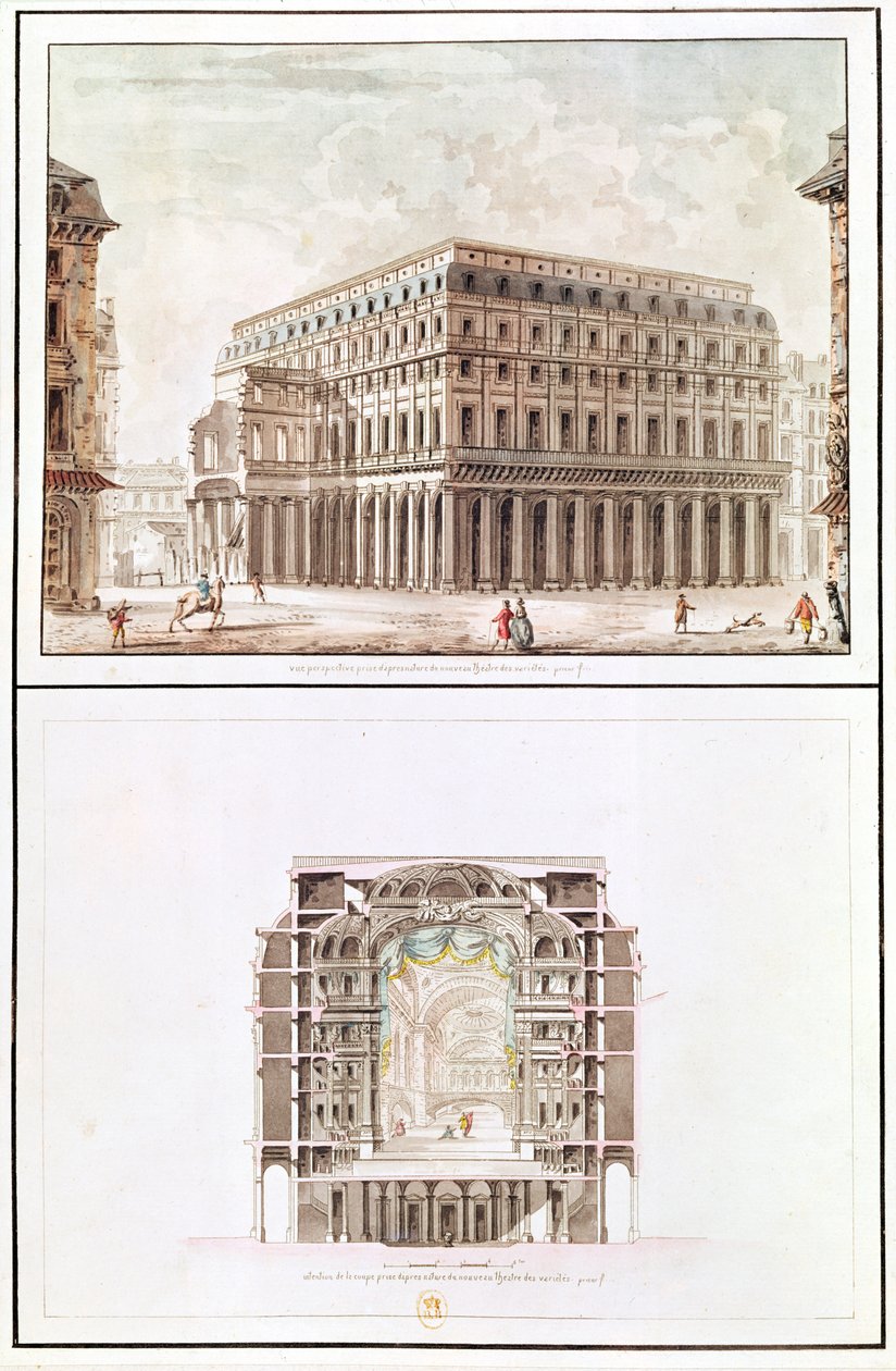 Exterior y sección transversal del interior del Teatro des Variétés, 6 rue de Richelieu de French School