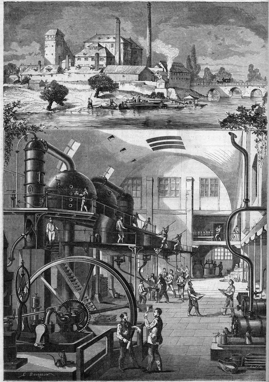 Vista exterior y talleres principales de la gran refinería de azúcar Les Recollets, propiedad del Sr. Cedard en Nantes en 1864. Grabado en "Le Monde Illustré" n°380 del 23 de julio de 1864 de French School