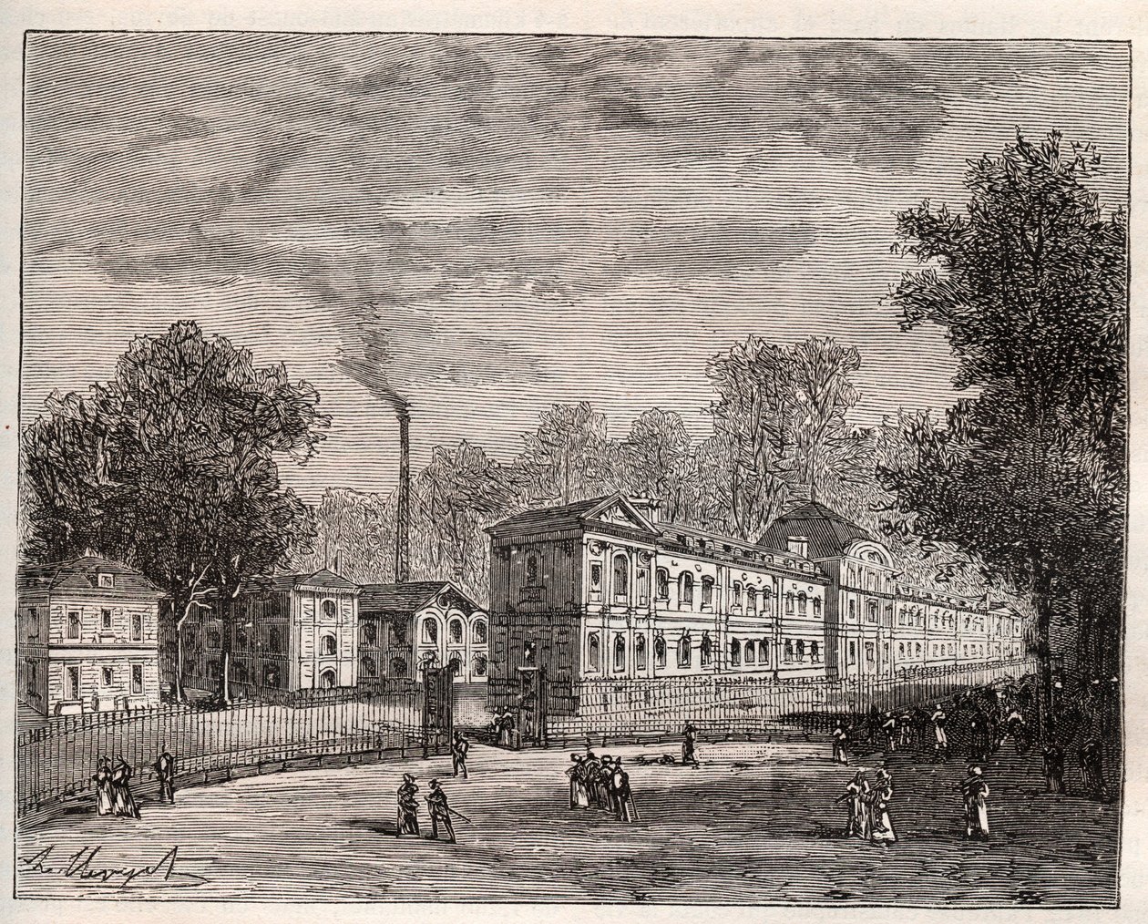 Vista exterior de la Fábrica Imperial de Porcelana de Sèvres, construida en el parque de Saint Cloud según los planos del arquitecto Laudin - grabado en 