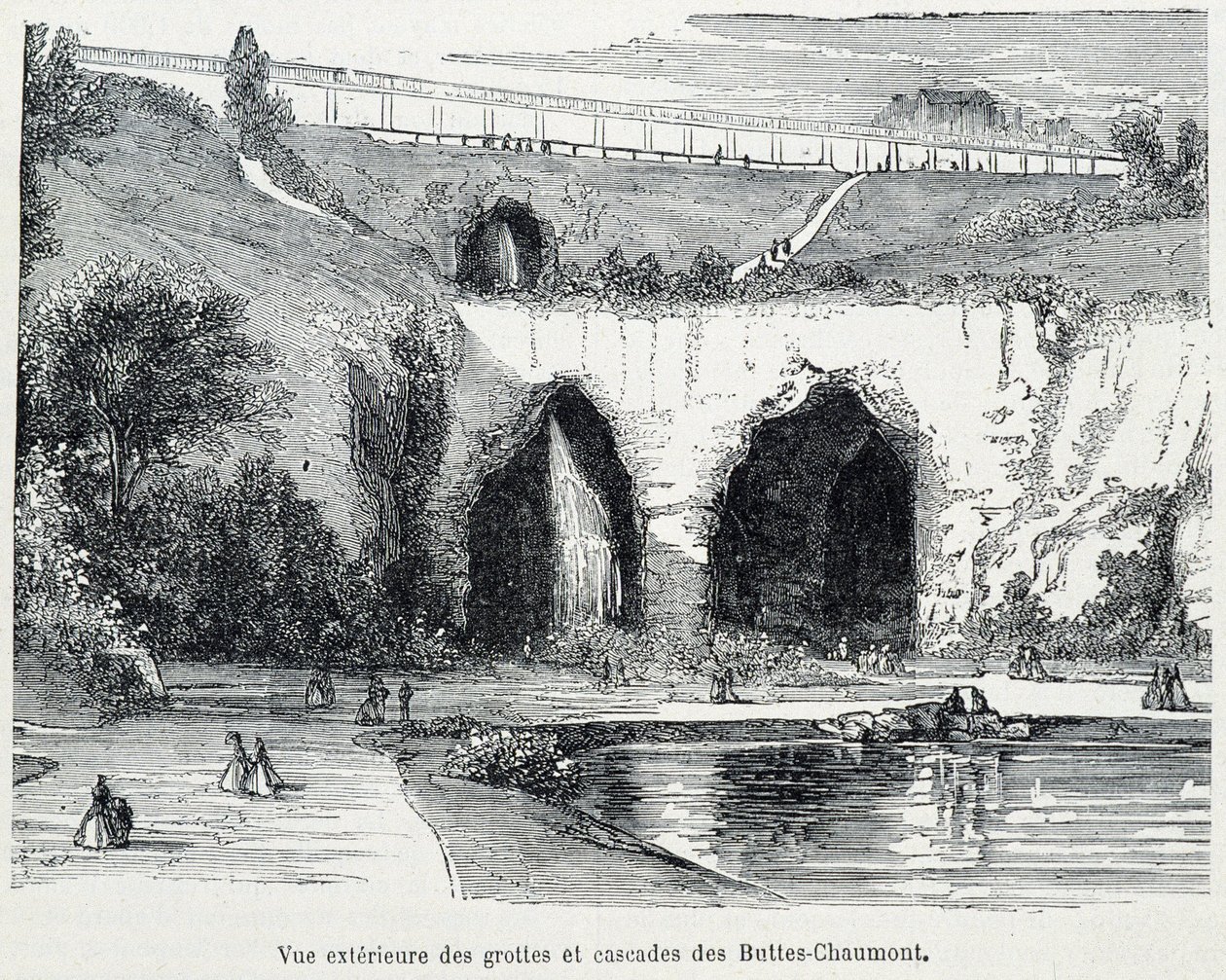 Vista exterior de las cascadas y cuevas de Buttes Chaumont, grabado del siglo XIX de French School
