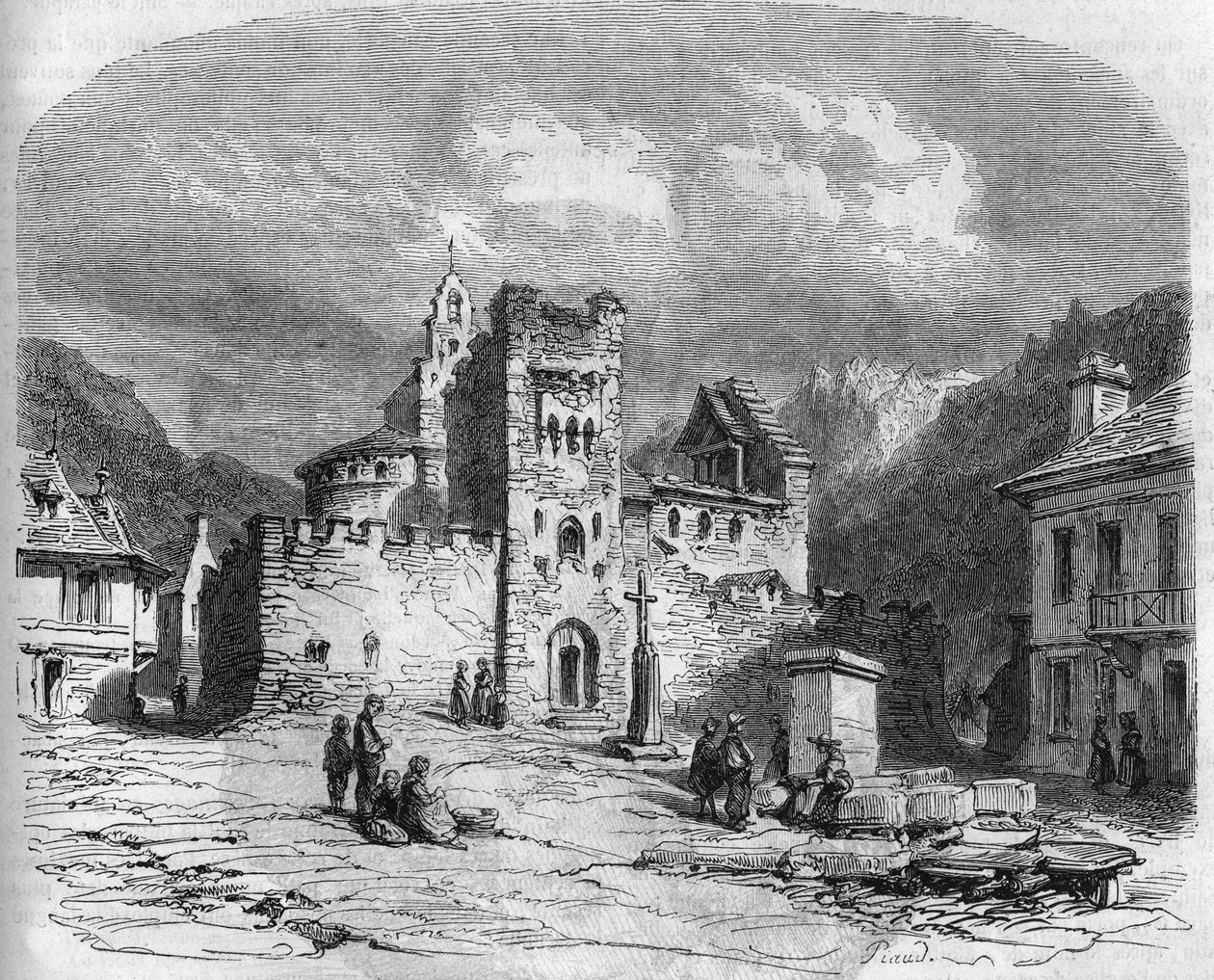 Vista exterior de la iglesia de Saint Andre (iglesia de los Templarios), fortificada en el siglo XIV. Luz-Saint-Sauveur, Altos Pirineos (65) de French School