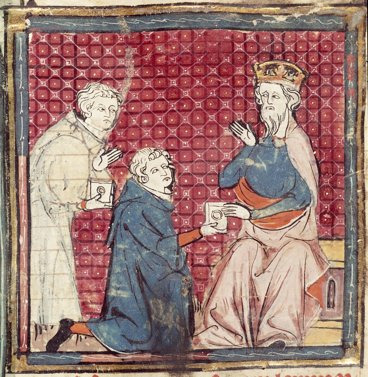 F.117r Mensajeros informando a Carlomagno de la victoria sobre los sarracenos, de las Grandes Crónicas de Francia, 1375-79 de French School