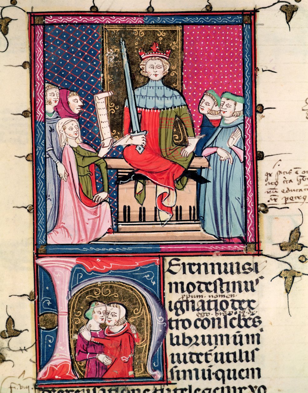 F.39r Ley Conyugal, una esposa adúltera apareciendo en la corte, de Justiniani in Fortiatum de French School