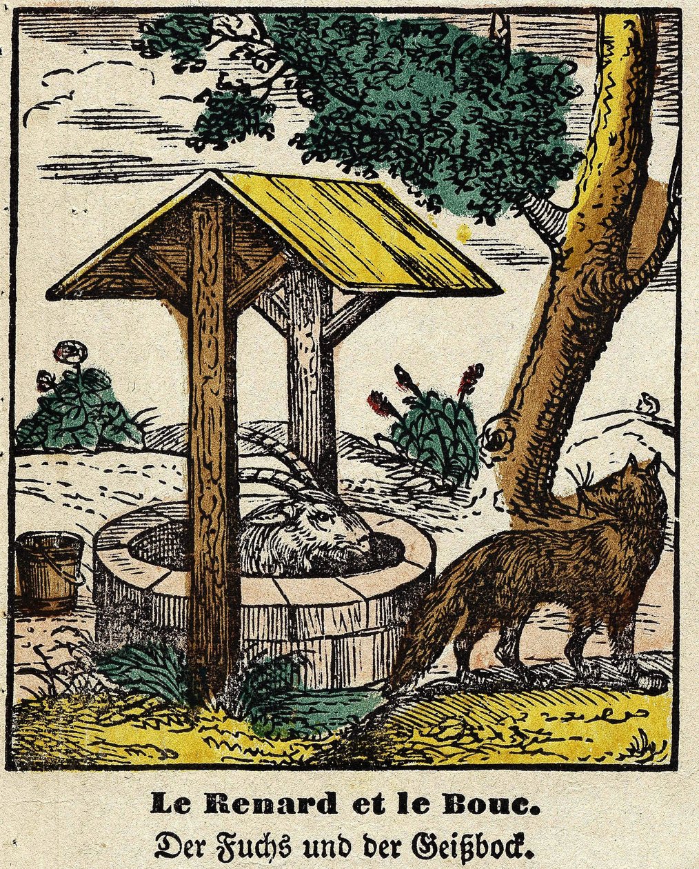 Fábulas de La Fontaine: el zorro y el buen. Imagen de Epinal, primera mitad del siglo XIX de French School