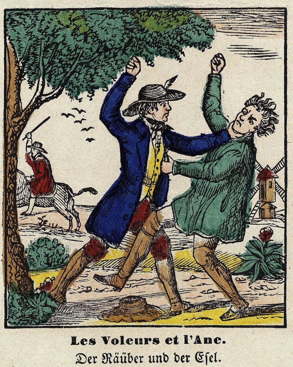 Fábulas de La Fontaine: los ladrones y el burro. Imagen de Epinal, primera mitad del siglo XIX de French School