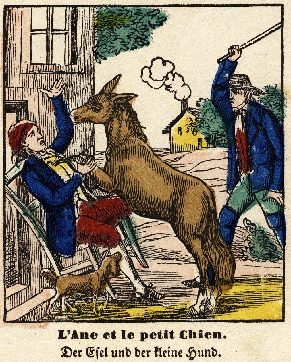Fábulas de La Fontaine: el burro y el perrito. Imagen de Epinal, primera mitad del siglo XIX de French School