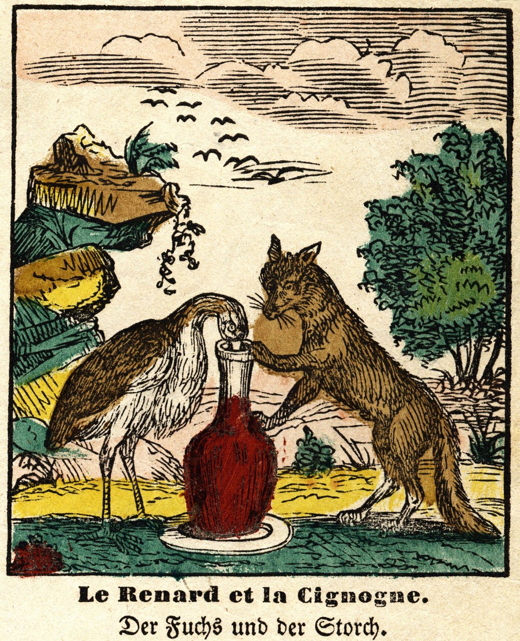 Fábulas de La Fontaine: el zorro y la cigüeña. Imagen de Épinal, primera mitad del siglo XIX de French School