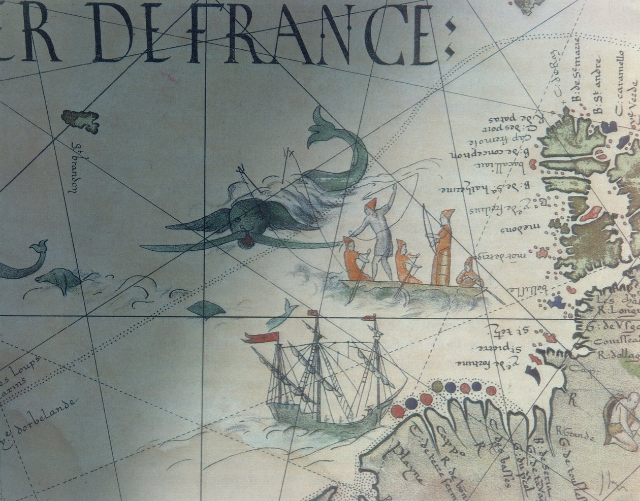 Facsímil de Caza de Ballenas e Isla de San Brandon, detalle de un mapa portulano por Pierre Desceliers, 1546, publicado en Monuments de la Geographie por Edme Francois Jomard (1777-1862) de French School