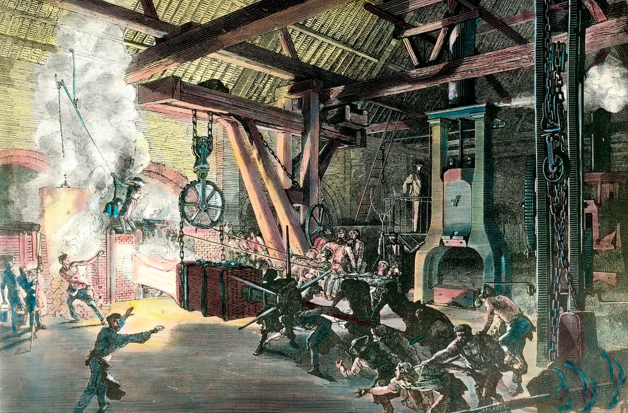 Fábrica: Le hamteau drummer (martillo-tambor) de las forjas de Creusot en 1865. Grabado alrededor de 1865. Colección privada de French School
