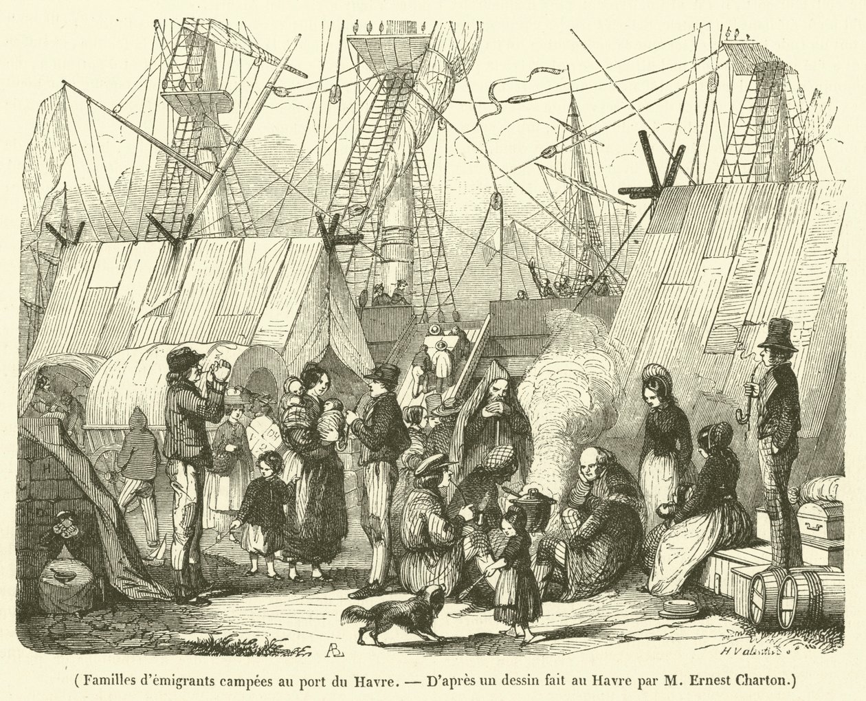 Familias de emigrantes acampadas en el puerto de Le Havre (grabado) de French School