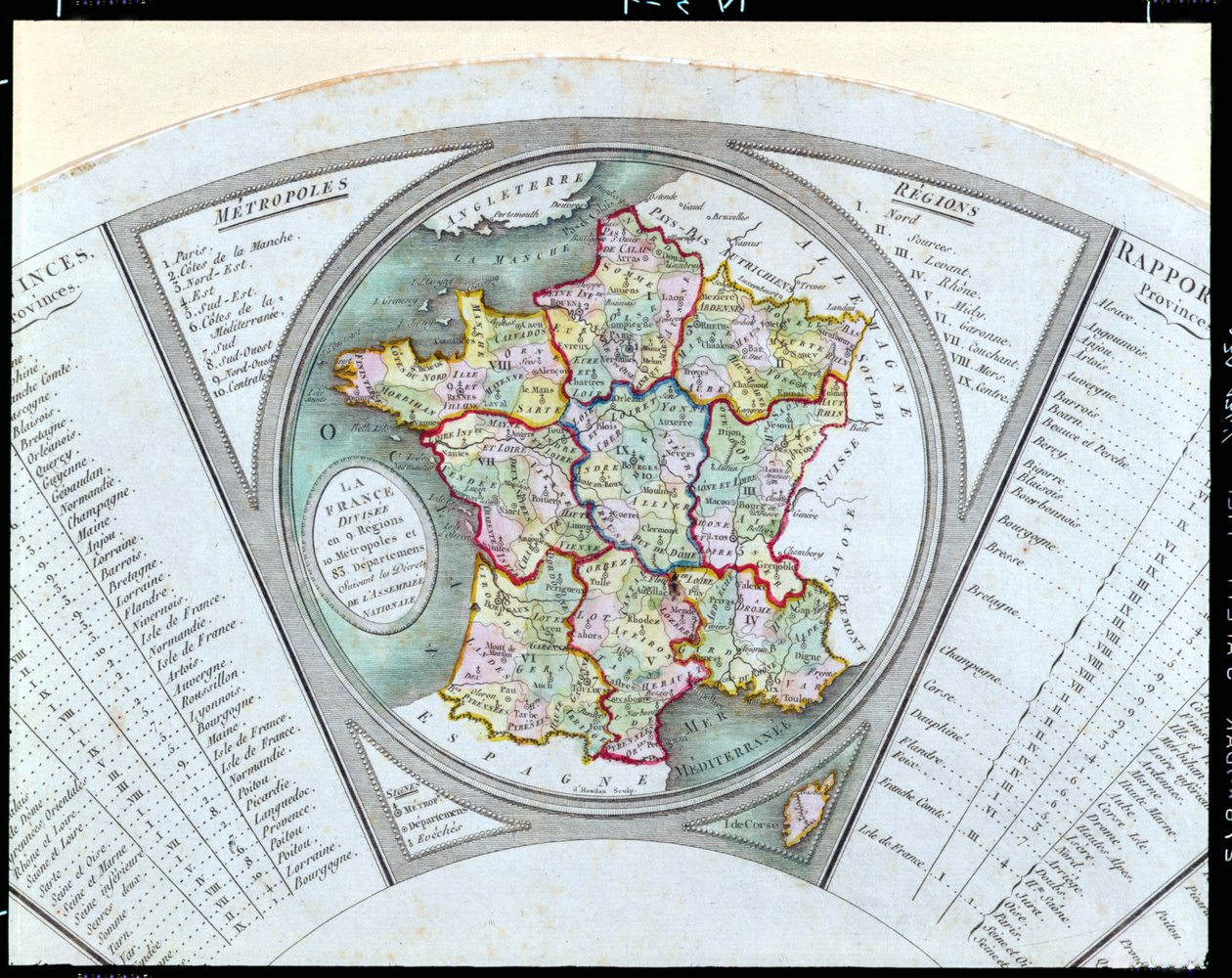 Abanico que representa el Mapa de Francia dividido en 9 regiones, 10 metrópolis y 83 departamentos, 1790 de French School