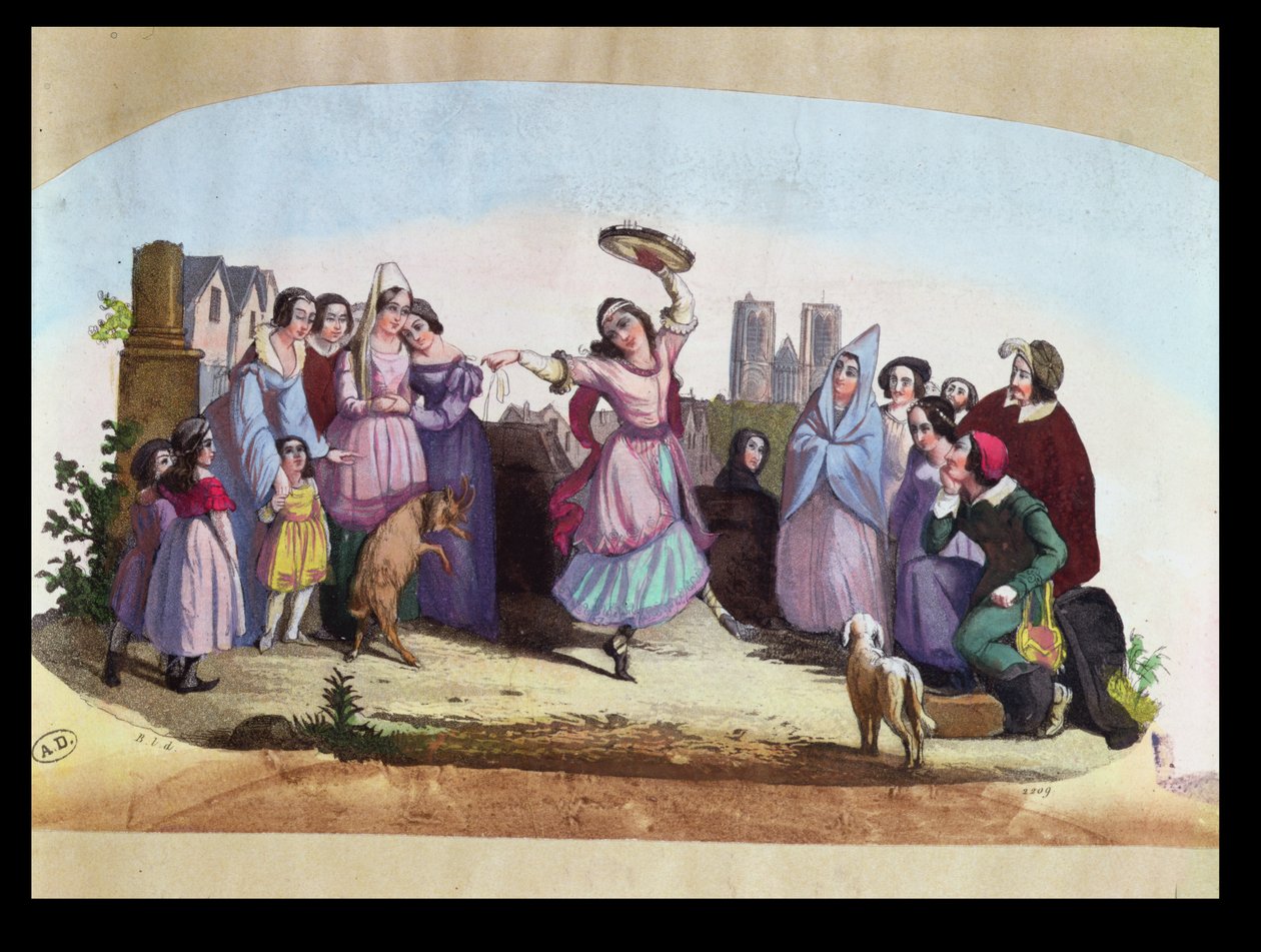 Diseño de abanico que representa una escena de La Esmeralda, una ópera de Louise-Angélique Bertin (1805-77) basada en la novela de Victor Hugo (1802-85) c.1836 de French School