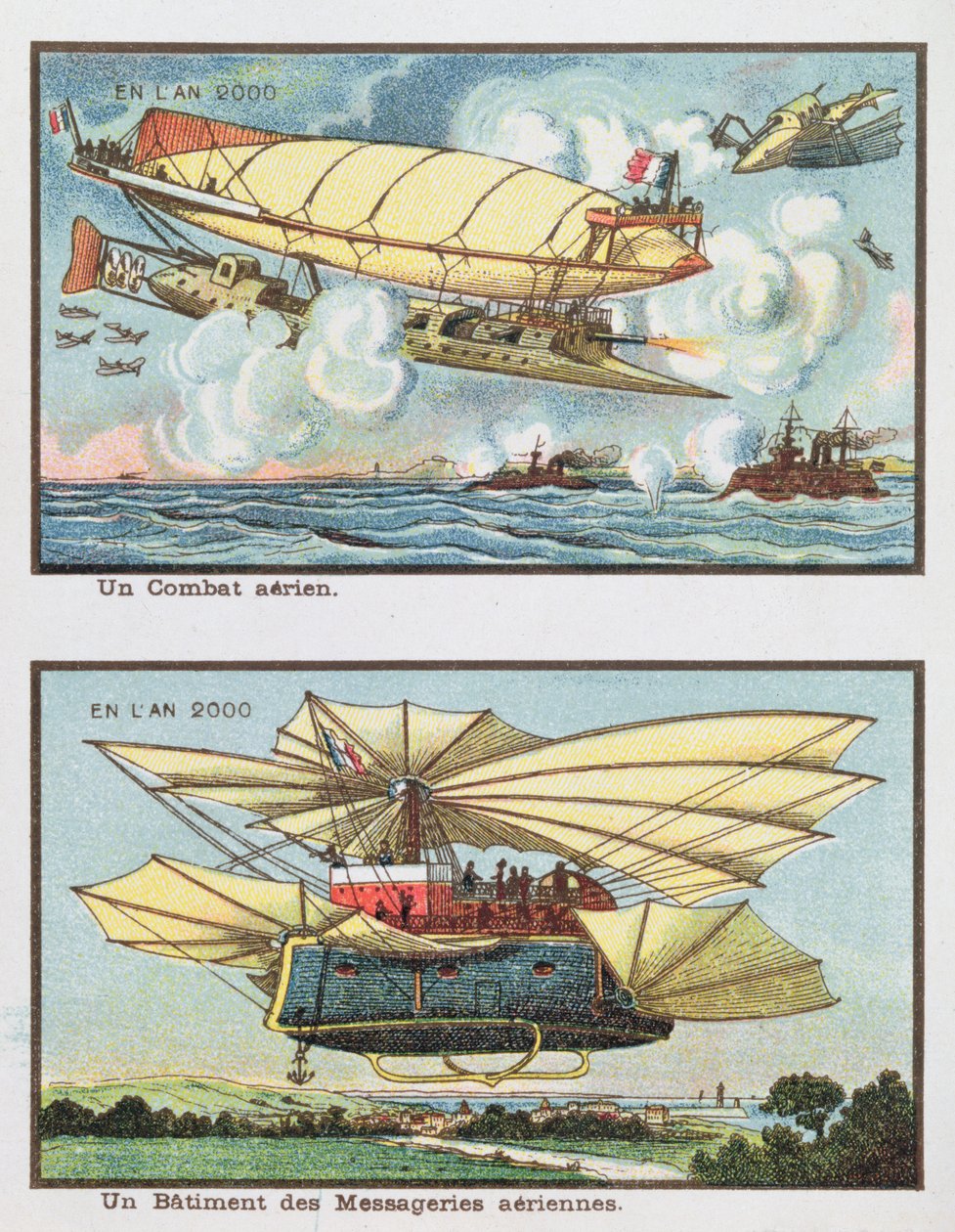 Representaciones fantásticas de una batalla aérea y de una aeronave para transportar carga en el año 2000, c.1910 de French School