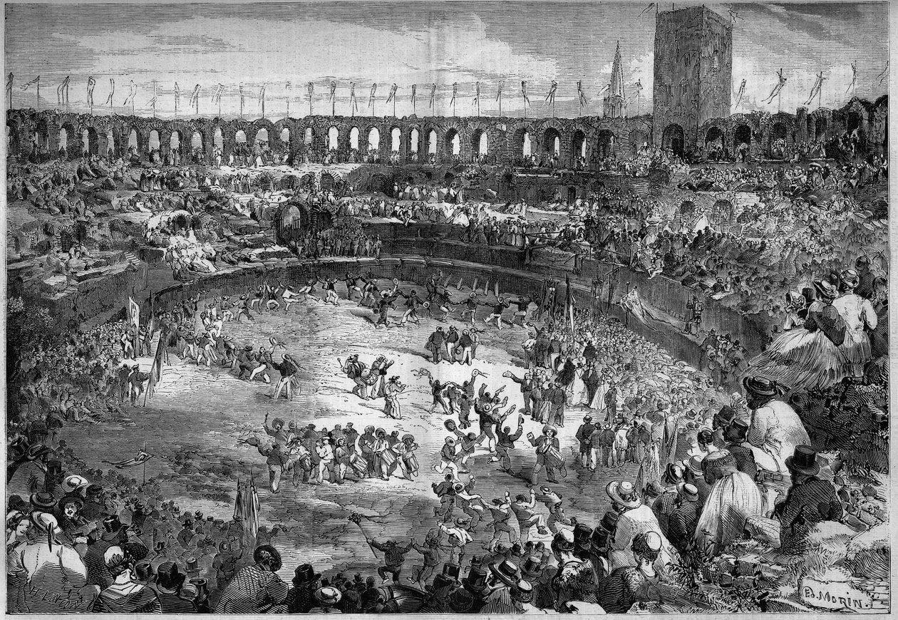 Farandola bailada en la arena de Arles (Bocas del Ródano) de French School