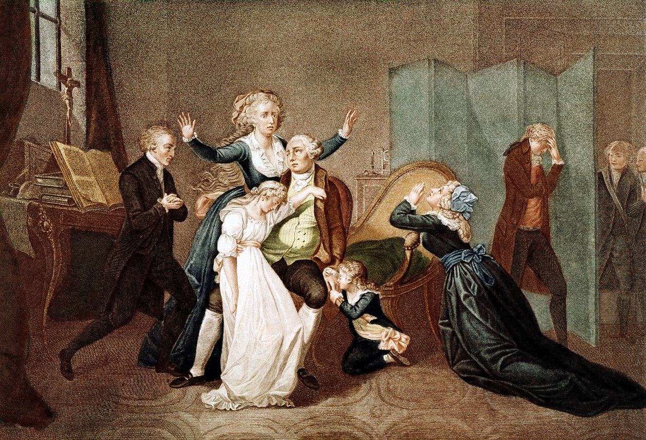 Despedida de Luis XVI por su familia en el Templo, 20 de enero de 1793 - La última entrevista de Luis XVI con su familia (María Antonieta y sus hijos María Teresa o Madame Royale (1778-1851) y Luis XVII (1785-1795), la víspera de su ejecución en T de French School