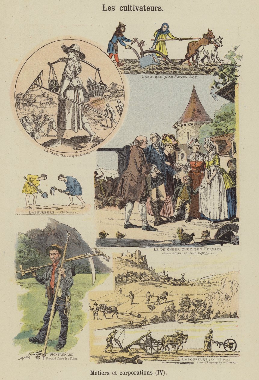Agricultores (litografía en color) de French School