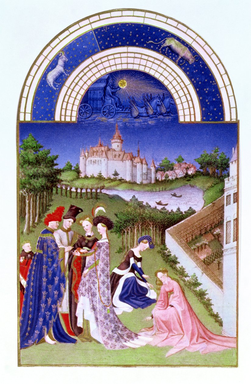 Facsímil de abril: figuras cortesanas en los terrenos del castillo por los hermanos Limbourg, de las Très Riches Heures du Duc de Berry de French School