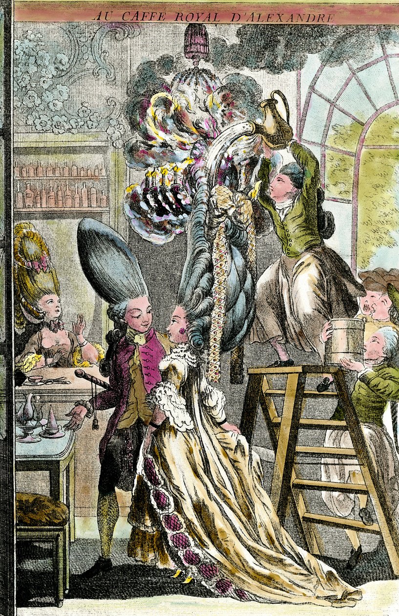 Moda siglo XVIII: "El fuego de los peinados" La peluca de una mujer, peinada de forma excéntrica, se incendia en una lámpara de araña, durante una recepción mundana en el Café Real de Alexandre. Grabado del siglo XVIII Colección privada de French School